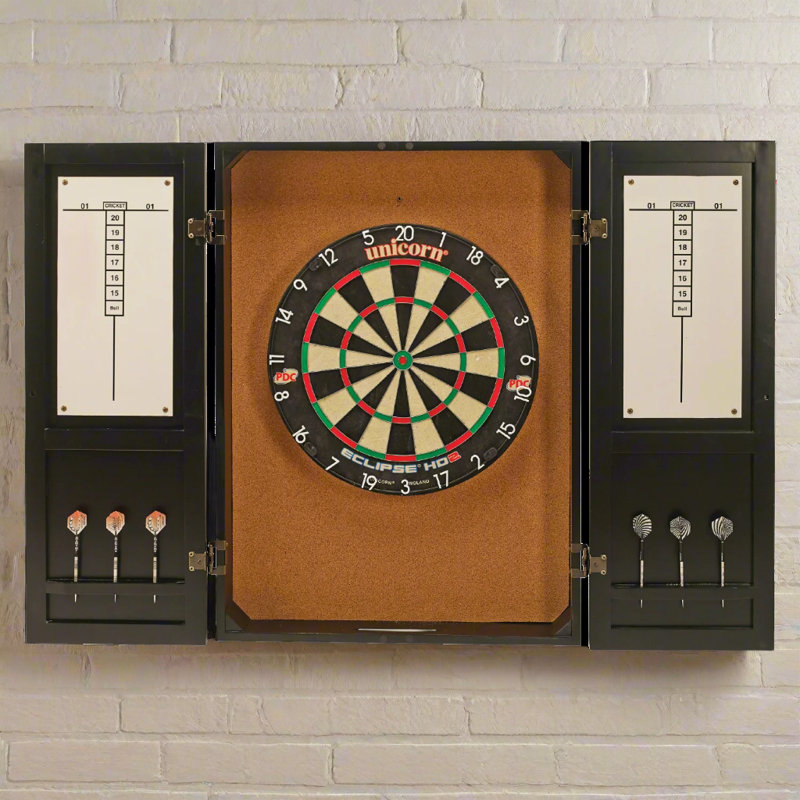 American Heritage Stratford Wall-Mounted  Dartboard Cabinet with Dart Storage & Scoreboard, Black Finish, Black