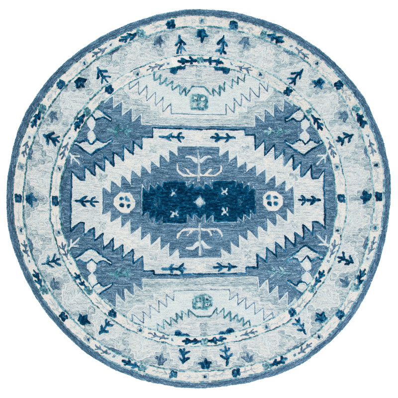 Tapis bleu / gris en laine touffeté à la main Lanagan, Rond 7 pi