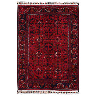 Tapis oriental 3 pi 3 po x 4 pi 8 po rouge cramoisi, style Andkhoy afghan avec motif tribal, en laine nouée à la main douce et veloutée