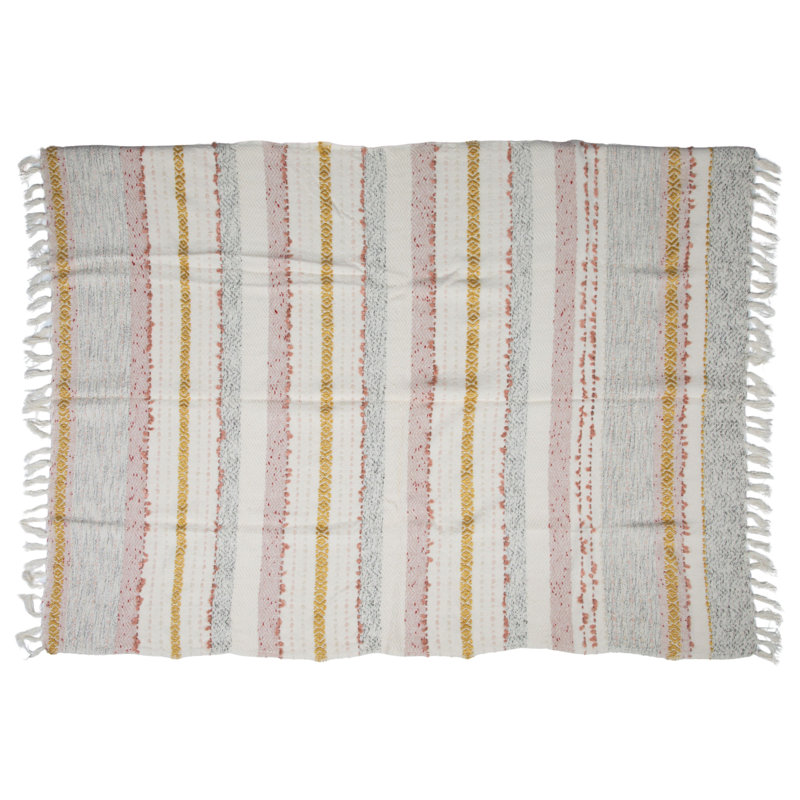 Multicolor Woven Cotton Striped and Embroidered Throw Blanket with Fringe