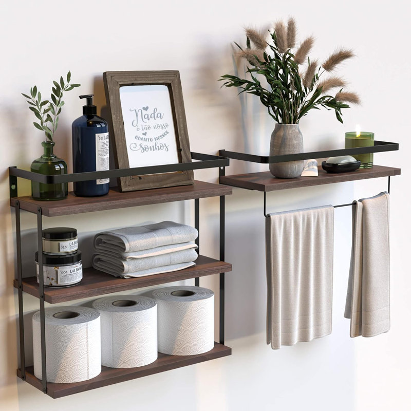3 Piece Floating Shelf with Towel Bar, Dark Brown