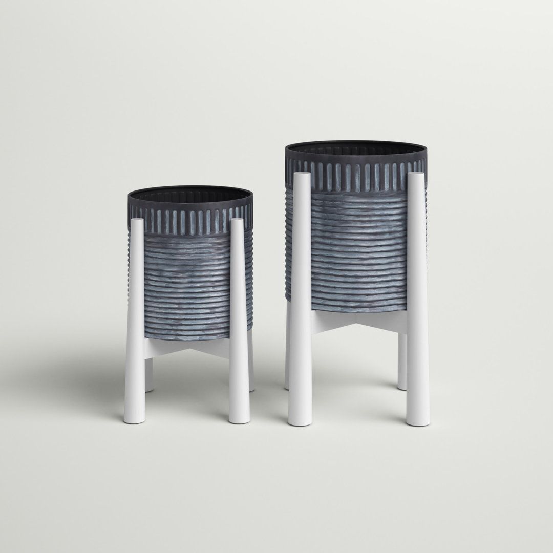 2 Piece Metal Indoor Outdoor White Planter with Removable Wood Stand Set George Oliver 