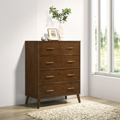Imre 34" W Mid Century Modern Solid Wood 5-Drawer Tall Dresser