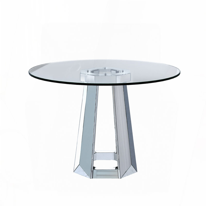 Table de salle à manger moderne en verre trempé avec base en miroir
