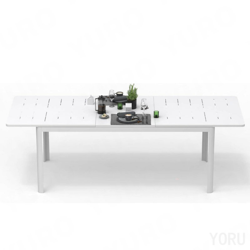 Table de salle à manger extensible pour patio, table d'extérieur en aluminium et métal pour 6 à 8 personnes Table rectangulaire pour porche, bistro de jardin (blanc ivoire)