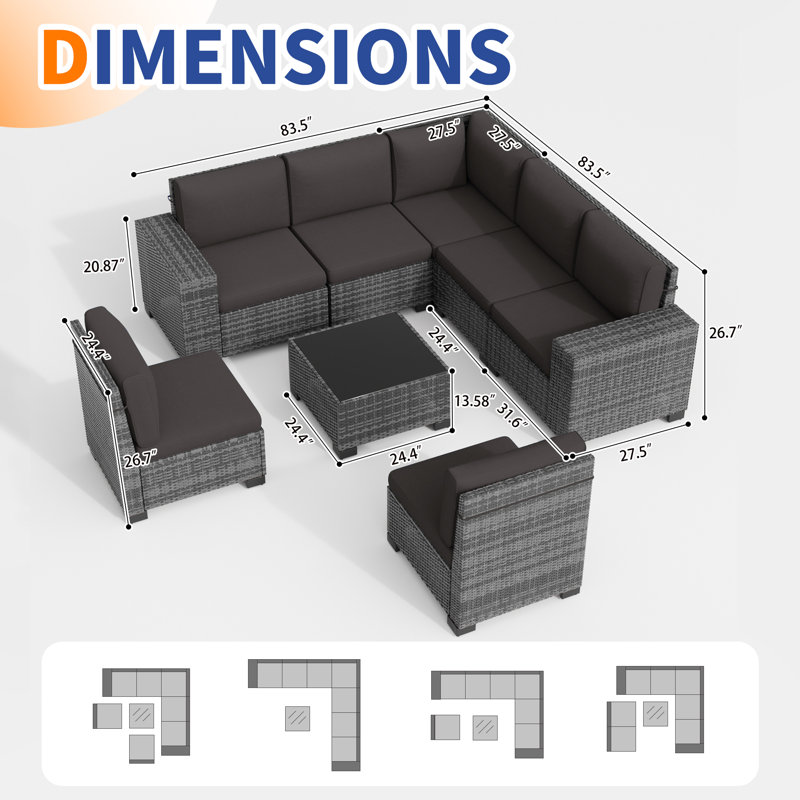 7 - Person Wicker Outdoor Modular Sectional Seating Group With Cushions, Black, Gray