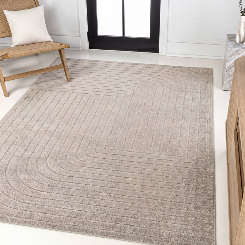 Amnon High-Low Minimalist Angle Geometric Light Taupe Indoor/Outdoor Rug, Rectangle 3'11" x 6'