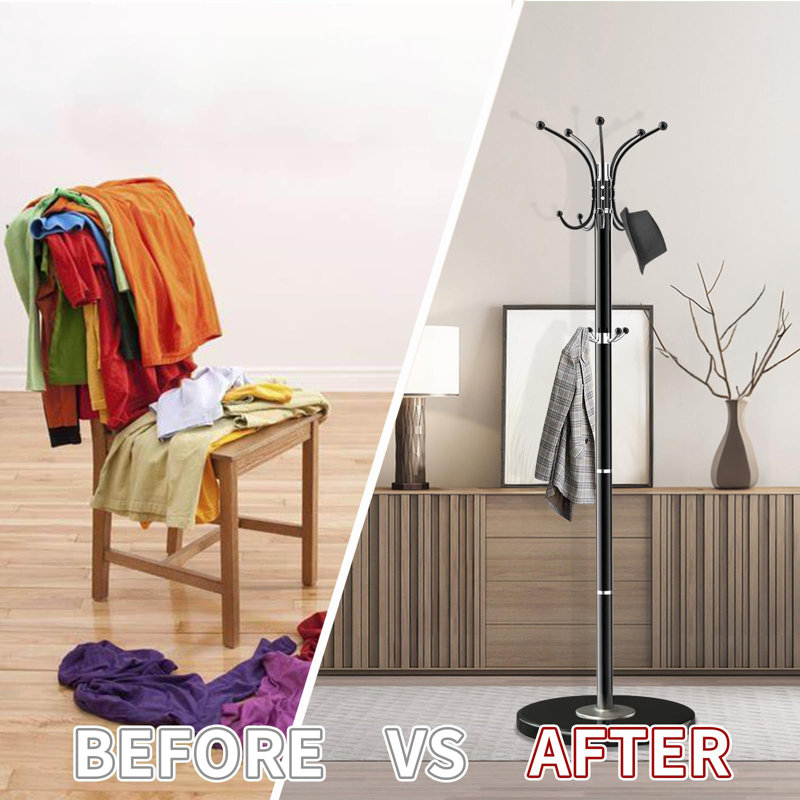 Black Metal Freestanding Coat Rack with Natural Marble Base and 14 Hooks