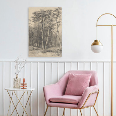 Croquis d'arbre rétro - dessin contemporain au crayon de grands arbres, scène de forêt