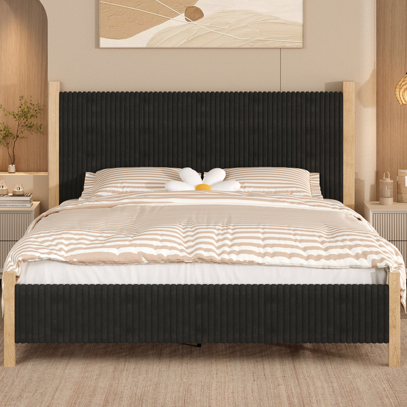 Bed Frame and Headboard, Corduroy Upholstered Bed Frame, Vertical Channel Design Headboard, Black, King