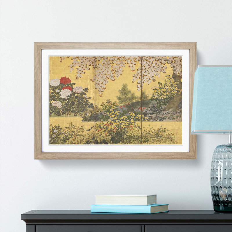 Flowers and the Butterflies by Tawaraya Sotatsu - Framed Print, 48cm H x 65cm W x 2cm D, Oak Framed