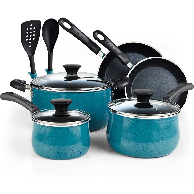 Ensemble de batterie de cuisine antiadhésive 10 pièces Cook N Home, avec ventouses et casseroles, compatible avec induction, turquoise