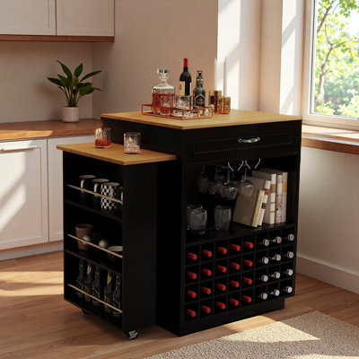 Armoire de bar moderne avec table de salle à manger rétractable, roulettes, porte-bouteilles, porte-verre, 1 armoire, 5 tiroirs et rangement latéral