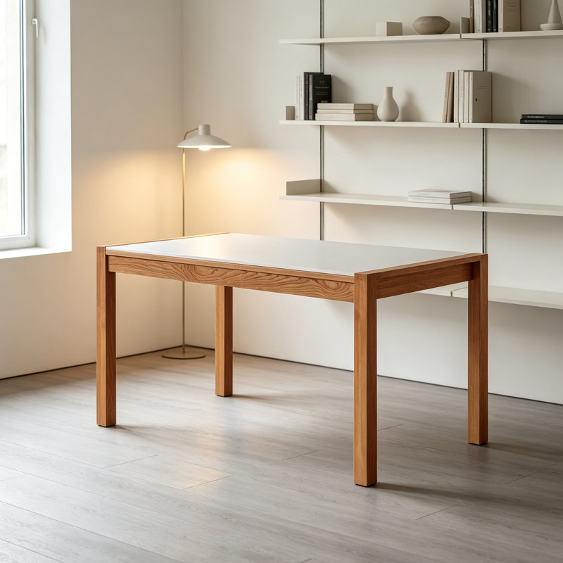 Bureau simple et durable en bois massif et pierre frittée, White/Brown