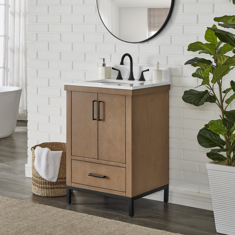 24 po Meuble-lavabo autoportant à simple cuve avec plateau en pierre blanche ingénieur