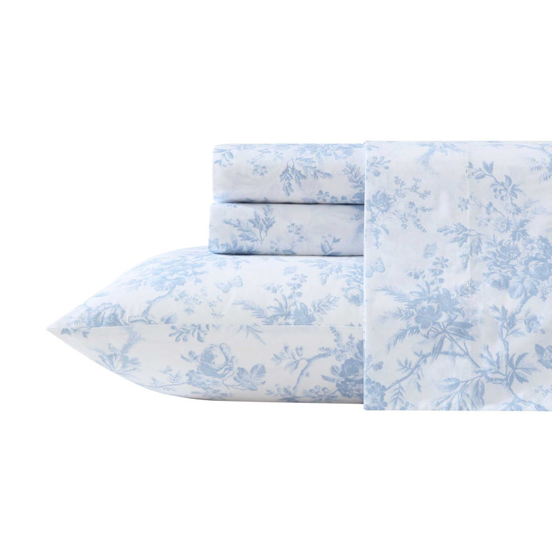 Percale Novelty 200 Thread Count Printed Cotton Sheet Set, Queen Sheet Set with 2 Standard Pillowcases,  Blue Walled Garden