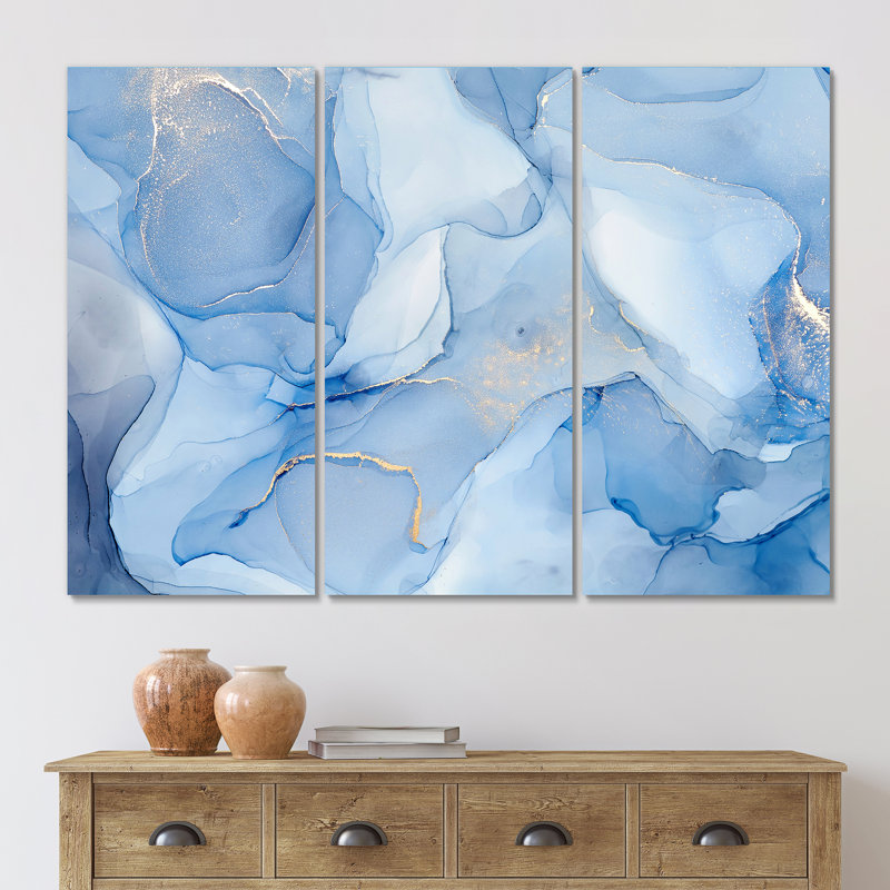 Art à l'encre liquide dans des tons de bleu clair I - impression d'art moderne sur toile, H 28 po x l 36 po x P 1 po