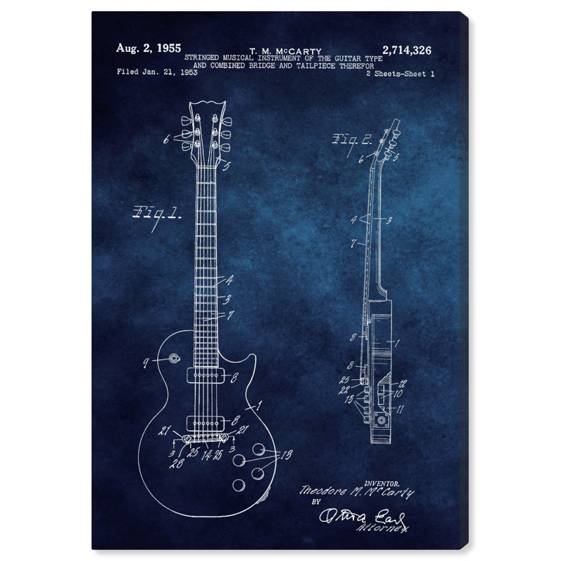 «Gibson Les Paul Guitar 1955 Blue Chalkboard», impression encadrée, H 24 po x l 16 po x P 0,75 po, Toile tendue
