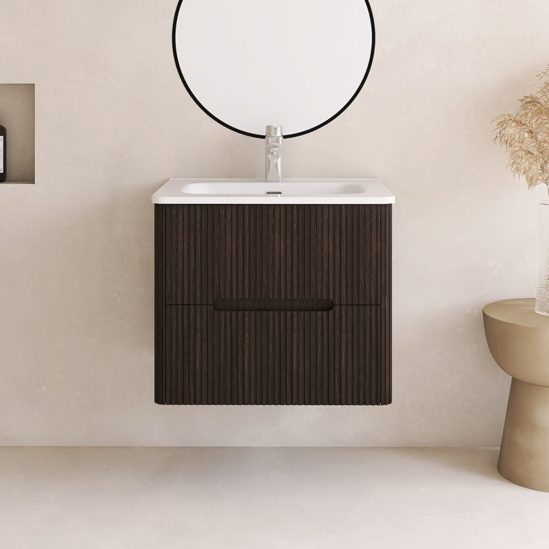 Meuble-lavabo écologique de 24 po - Lavabo mural intégré en céramique et surface antibactérienne, Marron foncé