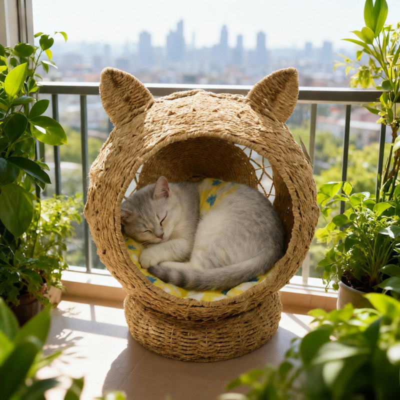 Maison de chat semi-fermée tissée à la main avec coussin, Jafar d'intérieur douillet style Igloo pour chats et petits chiens