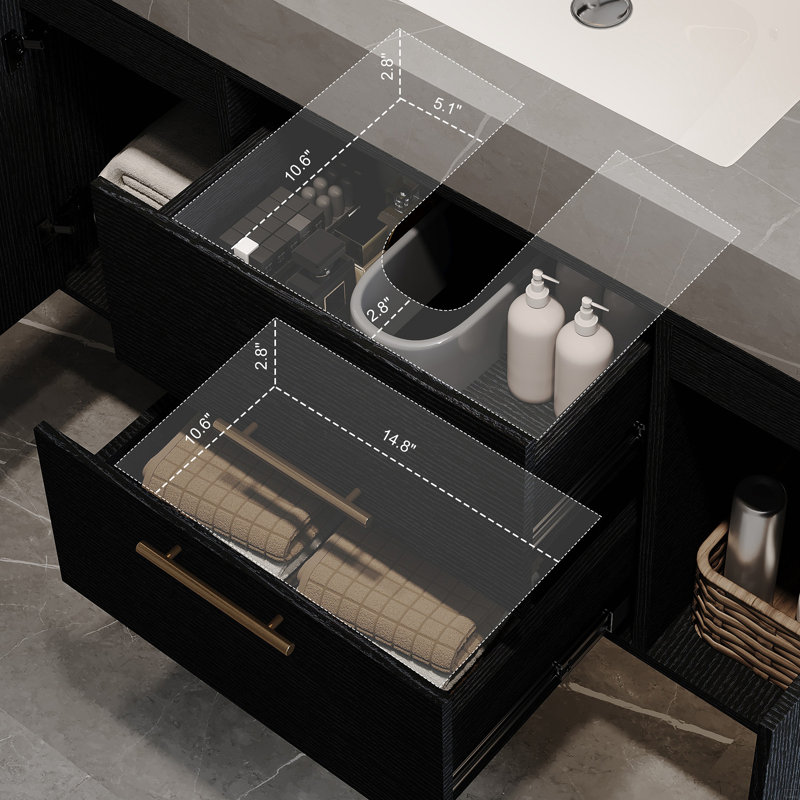 Meuble-lavabo flottant simple 39,4 po avec comptoir en faux marbre, lavabo en céramique, 2 tiroirs en bois massif multicouches et 2 armoires