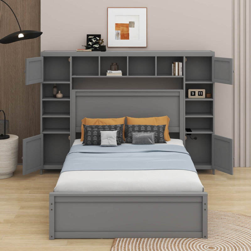 Lit avec armoire tout-en-un, tablette et lit gigogne, gris, Grand