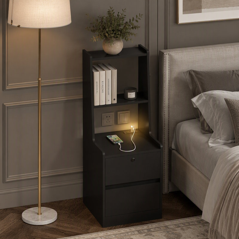 Table de chevet intelligente avec veilleuse et borne de recharge, Noir, 1
