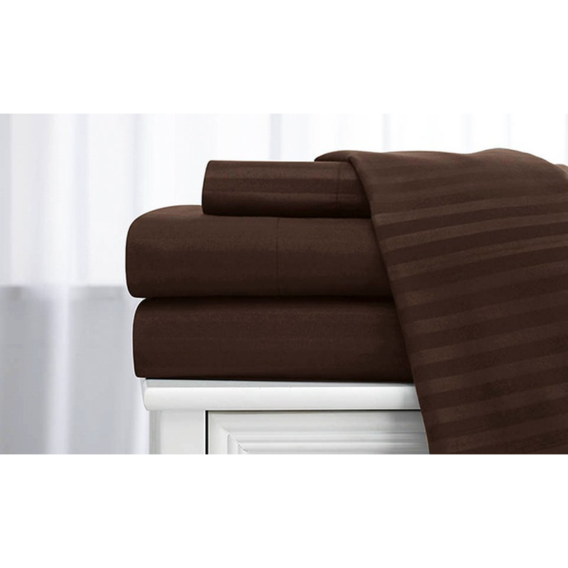 100% Cotton Sateen Striped Sheet Set, Queen Sheet Set + 2 Pillowcases, Coffee