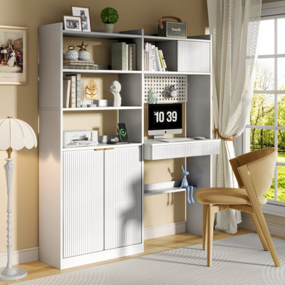 63" Tall Computer Desk With Hutch, Fluted Wood Computer Desk, Featuring Charging Station, Drawer And Storage Cabinet, For Home Office Work And Study,White