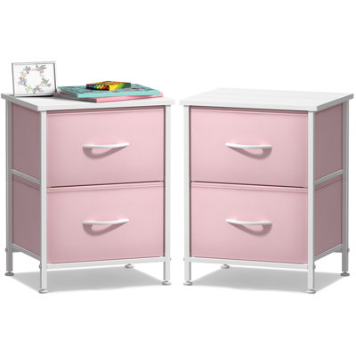 Sorbus Nightstand with 2 Drawers - Steel Frame, Wood Top & Easy Pull Fabric Bins - (2 Pack), Pink