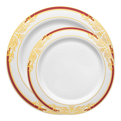 Service de table en plastique blanc avec bordure bourgogne et or - 120 couverts