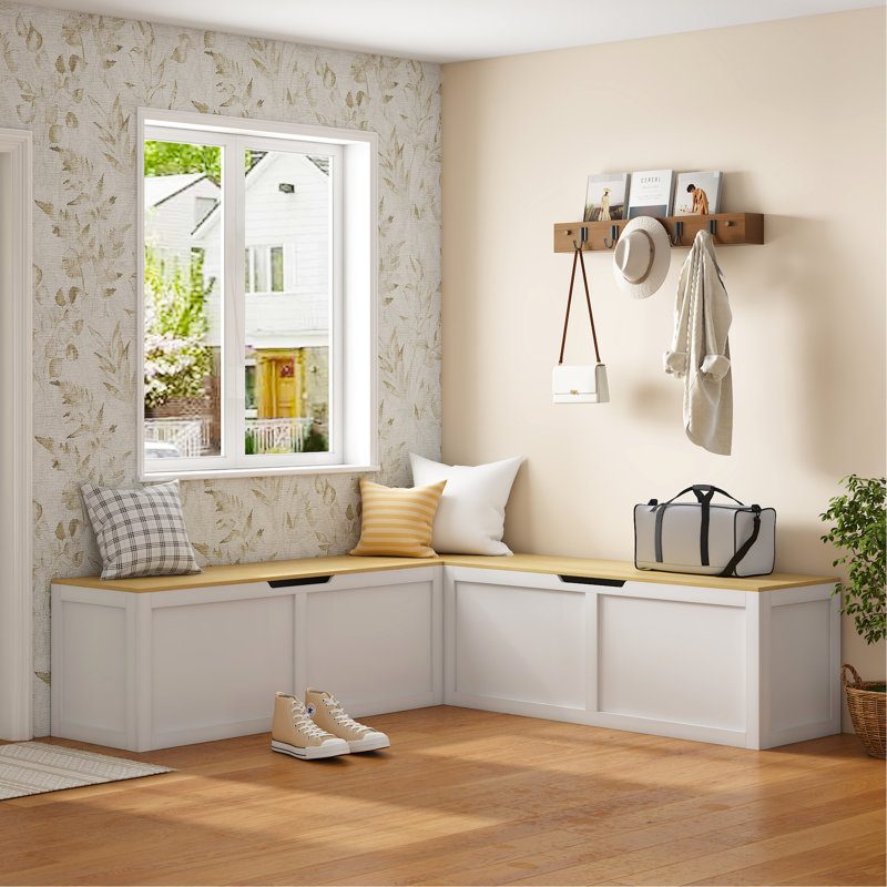 Banc de rangement à angle droit avec beaucoup de rangement, idéal pour les coins, la fonction de table à manger et à intégrer, système de support en métal bicolore blanc et bois, peut être ajusté à différentes occasions
