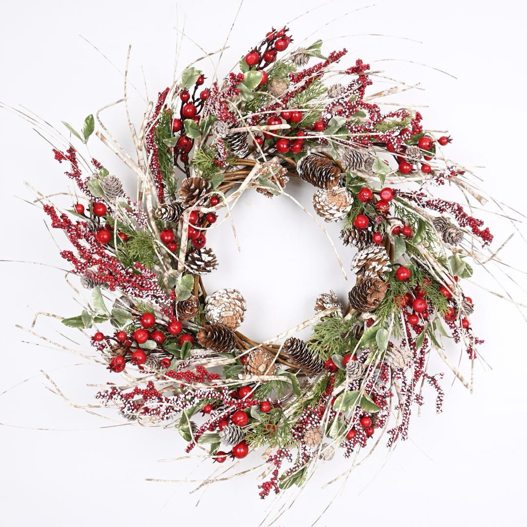 The Holiday Aisle® 26" Farmhouse Berry Pine Winter Christmas Birch Wreath for Front Door & Reviews | Wayfair