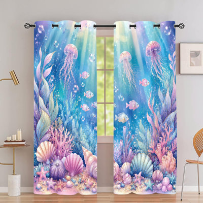 2 PCS rideaux occultant avec œillets, rideaux à imprimé corail sous-marin à motif de méduse fantaisiste Ocean World, isolation thermique, réduction du bruit, protection de la vie privée, rideaux obscurcissant pour la chambre à coucher, salon, décoration intérieure