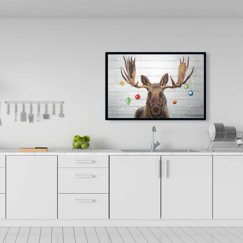 Moose has Christmas Balls - Gray Framed Canvas Home Decor