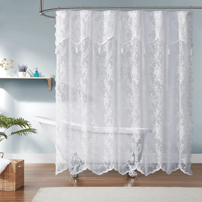  Cherrilyn Floral 108 Inches Extra Wide White Lace Shower Curtain with Attached Valance and Tassels