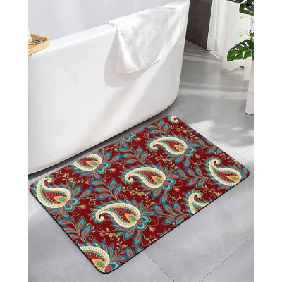 Boho Cashew Flower on Red Bathroom Rug Diatomaceous Earth Shower Mat,Absorbent Bath Mat Non-Slip Doormat for Kitchen Bedroom, Abstract Ethnic Retro Floral Diatomite Stone Mats 16x24in