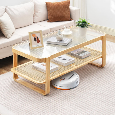 Table basse en rotin, table basse de rangement moderne bohème de 114 cm avec pieds en bois naturel, table basse rectangulaire en rotin tressé et bois avec plateau en verre trempé, idéale pour la chambre et les petits espaces, conçue pour le salon.