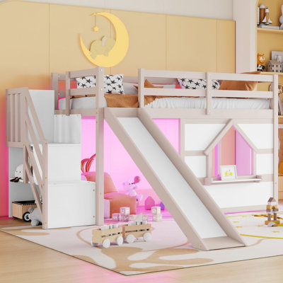 Lit mezzanine simple en bois massif pour enfants avec escalier de rangement, glissade, fenêtre de maison de jeu et lumières DEL 7 couleurs
