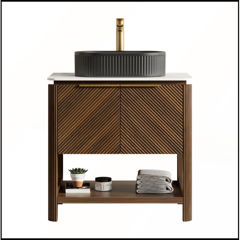 Meuble-lavabo de 30 po avec lavabo ovale en céramique rayé noir, plateau en pierre frittée blanc de Carrare, grain de bois noyer foncé