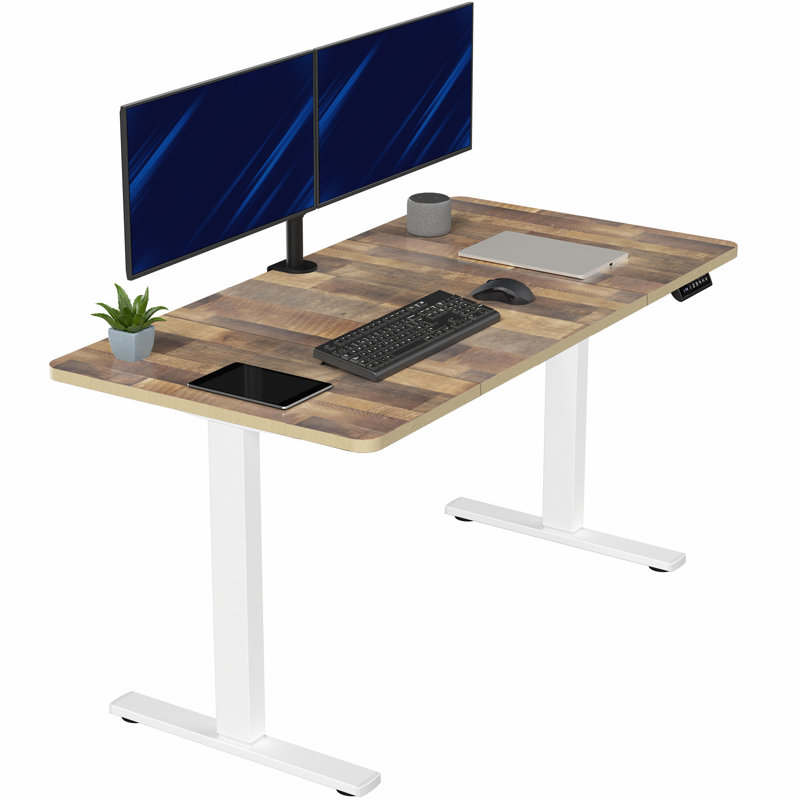VIVO Single Motor Electric Desk with Push Button Memory Controller, 48.5" H x 60" W x 30" D, Reclaimed Wood/White