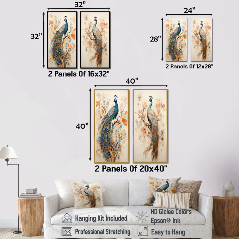Paon fantaisie rétro en fleurs enchantées - paon, ensemble de 2 reproductions d'art sur toile, Encadrement doré