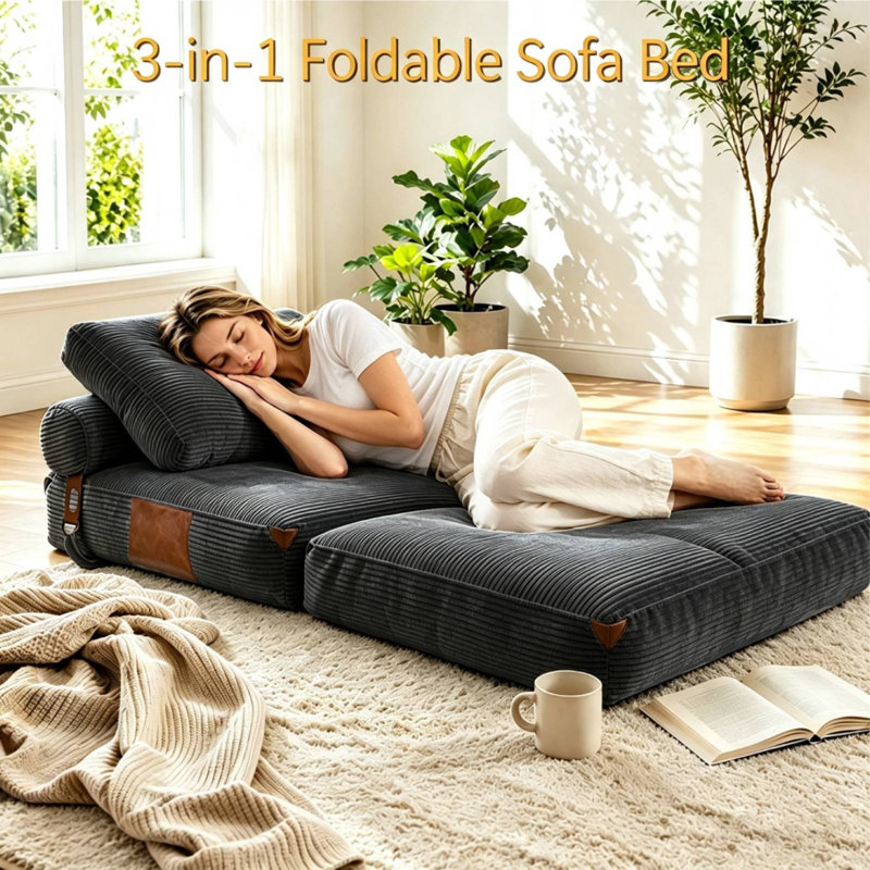 Canapé-lit pliant sans os, lit convertible et matelas portatif avec oreiller dans un dortoir, appartement, bureau, chambre d'amis, emballage compressé