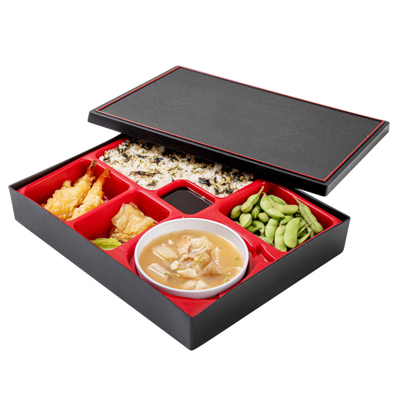 Articles de restaurant - Boîte à repas 12,2 x 9,8 x 2,4 pouces, 1 boîte à repas de style japonais - 6 compartiments, avec bol, boîte à repas en plastique noir et rouge, résistant aux graisses, plats chauds et froids