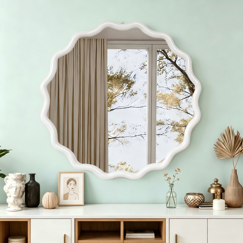Miroir décoratif rond en bois noir noyer ondulé, pour chambre à coucher, salle de bain, salon, entrée, 30 po x 30 po, White