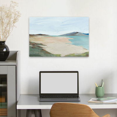 Sunny Beach Shore I, paysage abstrait, montagne, peinture sur mer, art côtier, art de la nature, minimaliste; Moderne