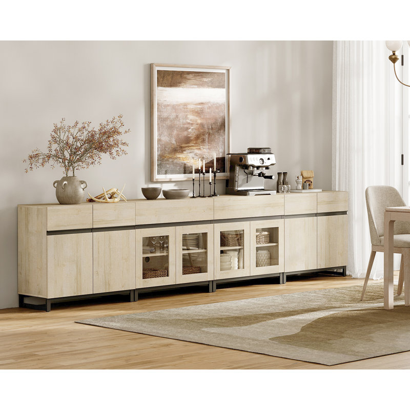 4 In 1 Sideboard Buffet Cabinets With Glass Doors And 2 Drawers, Modern Sideboard Credenza With Adjustable Shelf And Metal Base, Coffee Bar Cabinet Storage Cabinet