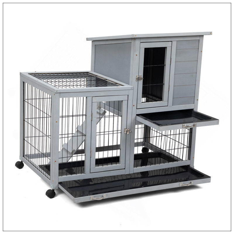 Cage à lapin amovible avec plateau amovible et roulettes, parfaite pour les petits animaux, Blanc / Gris