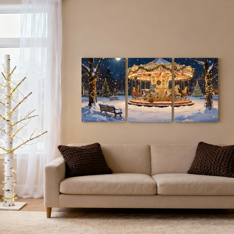 Ensemble de 3 toiles murales « Carrousel de Noël sous la neige »., H 30 po x l 60 po