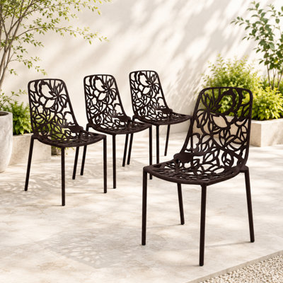 Rabia Outdoor Aluminum Dining Chairs, Modern Floral Cutout Accent Chair for Patio, Garden, and Balcony, Stackable Metal Dining Room Furniture, Rust & UV Resistant, Fully Assembled